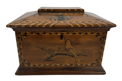 CATS & CANARY INLAID JEWELRY BOX, 8 1/2" X 12" X 8 1/2"