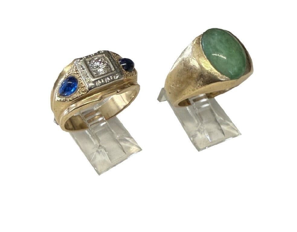 2 - 14KT GOLD MENS RINGS, 1 W/ DIAMOND & 1 JADE 1 SIZE 8 1/2 & 1 - 9 1/2 APPROX. 17 DWT (1 of 9)