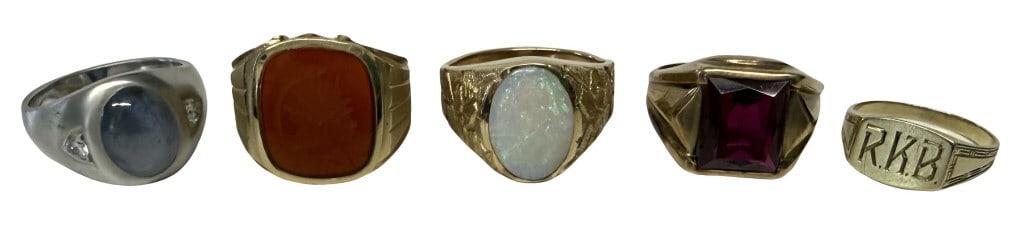 5 RINGS, 14 KT MEN'S OPAL, 14 KT MEN'S CARNELIAN, 14 KT WH GOLD MENS STAR SAPPHIRE & DIAMOND, 10 KT (1 of 9)