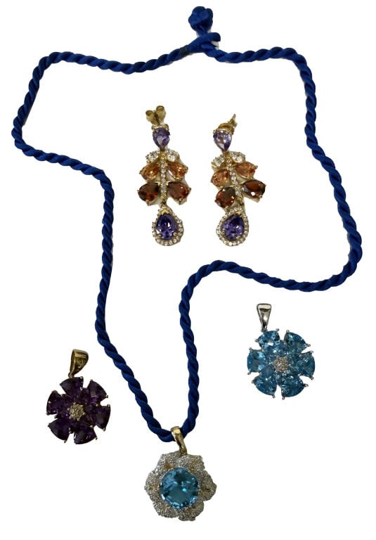 3 PENDANTS, 2 BLUE TOPAZ & 1 AMETHYST IN 14KT GOLD & PR OF "FRUIT SALAD" EARRINGS IN 925. 14KT = (1 of 4)