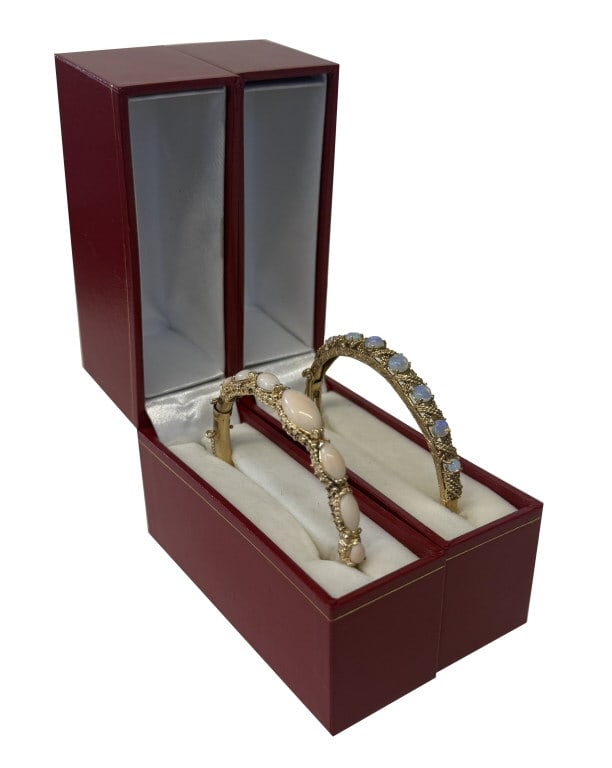 2- 14KT GOLD BANGLE BRACELETS , 1 OPAL & 1 CORAL BOTH APPOX. 8" 19.5 DWT (1 of 9)