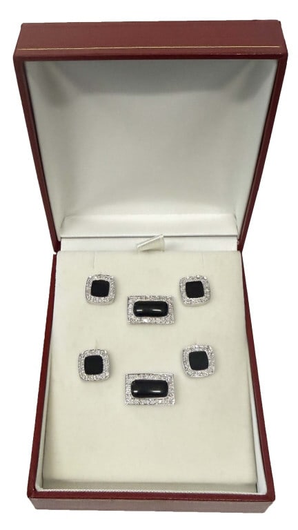 14 KT WHITE GOLD, DIAMOND & ONYX CUFF LINKS WITH 4 SHIRT STUDS (1 of 6)