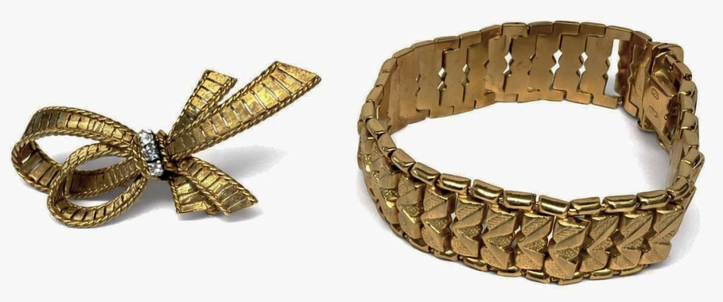 7" 18KT YELLOW GOLD HINGED BRACELET & KNOT BROOCH W/ 3 DIAMONDS, 14KT YELLOW GOLD APPROX. 25 DWT (1 of 8)