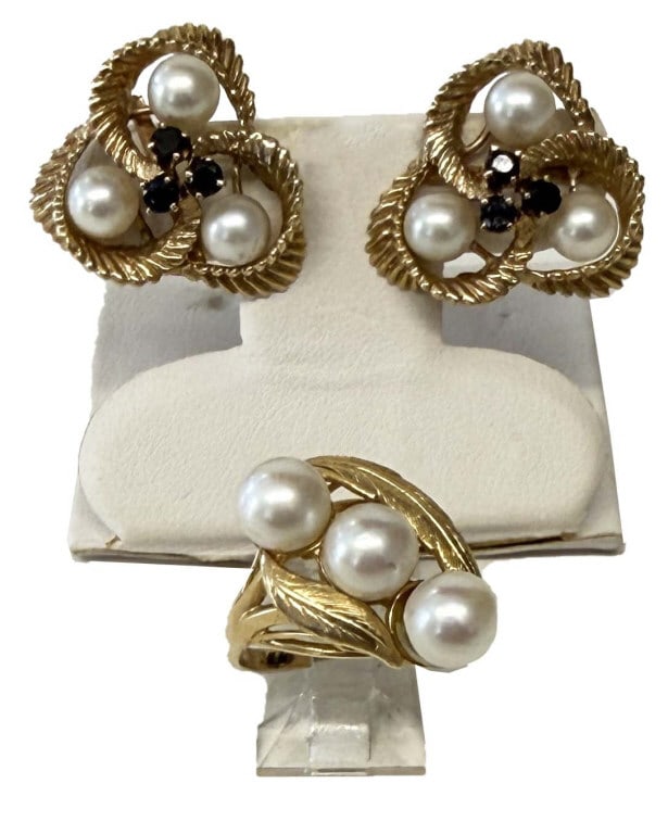 PR OF 14KT GOLD, SAPPHIRE & PEARL EARRINGS & 14KT GOLD & PEARL RING, PEARLS APPROX. 5 1/2 - 7MM (1 of 7)