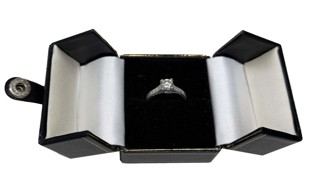 DIAMOND SOLITAIRE SET IN 18 KT WH. GOLD FILIGREE SETTING, CENTER DIAM APPROX. .72 CTS SIZE 6 1/2, 2 (1 of 7)