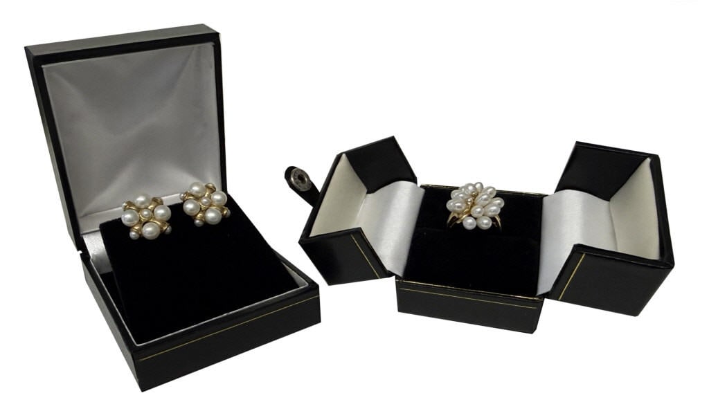 14KT GOLD & PEARL EARRINGS & RING W/ PEARLS & DIAM. ACCENTS RING SIZE 6 9.1 DWT (1 of 6)