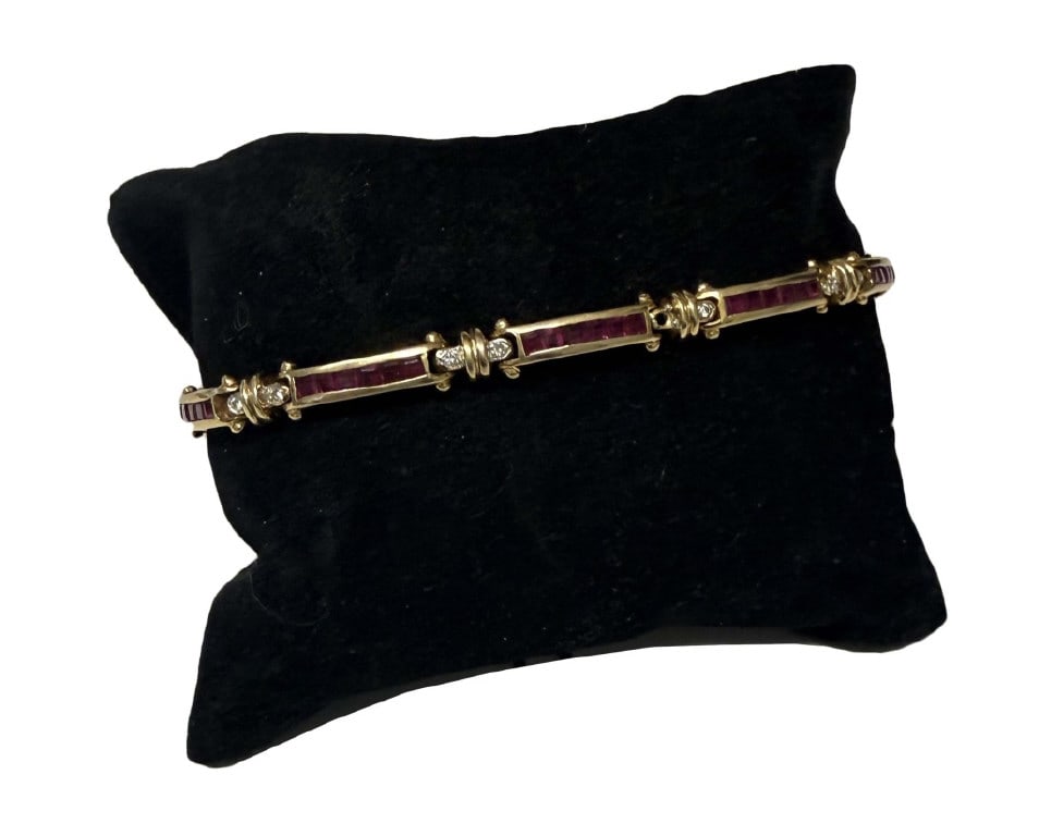 14 KT YELLOW GOLD BRACELET W/ DIAMOND & RUBY MELEE 9.0 DWT RUBIES : 3.2 TCW & 18 CUT DIAMONDS (1 of 5)