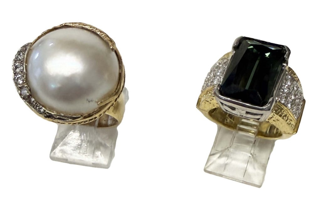 2 COCKTAIL RINGS 1- 18KT W/ GREEN TOURMALINE & DIA CENTER STONE APPROX. 8 CTS. & PEARL & DIAM RING (1 of 10)