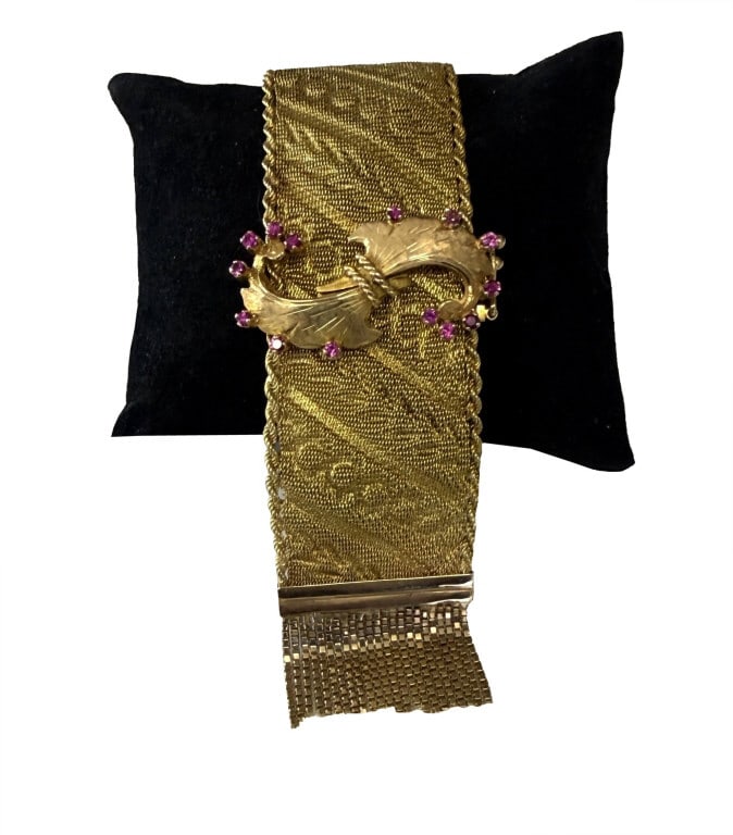 VINTAGE 18KT GOLD LADIES MESH BAND BRACELET WATCH W/ GIRARD PERREGAUX WATCH & RUBY CLASP, 9 1/2" (1 of 12)