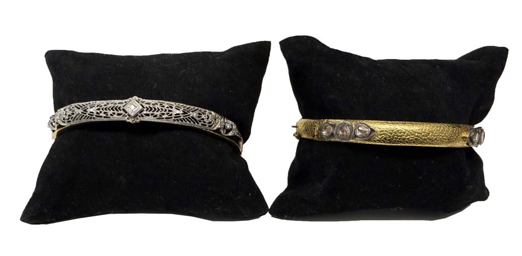 2 BANGLE BRACELETS, 1-18KT W/ ROSE CUT DIAMONDS & 1 -14KT WHITE & YELLOW GOLD W/ DIAMS. BOTH 8 1/4" (1 of 10)