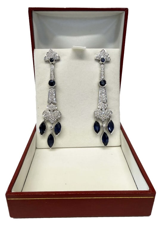 PR OF DECO STYLE DIAMOND & SAPPHIRE EARRINGS IN 18KT WHITE GOLD APPROX. 2 TCW DIAMS & 8.7 TCW: PR OF DECO STYLE DIAMOND & SAPPHIRE EARRINGS IN 18KT WHITE GOLD APPROX. 2 TCW DIAMS & 8.7 TCW SAPPHIRES APPROX. 3" LONG