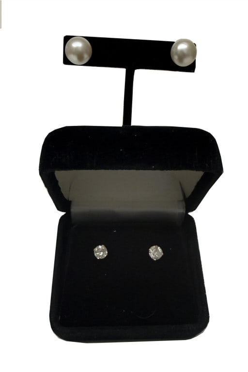 2 PR OF EARRINGS, DIAMOND STUD & 12 MM PEARL POSTS 1.2 TCW I2 CLARITY & H COLOR (1 of 10)