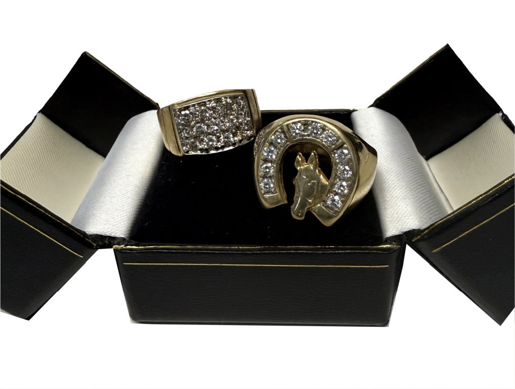 2 DIAMOND & 14KT GOLD "GAMBLER'S" RINGS 13.8 DWT TOTAL WEIGHT, 1.6 CT DIAM TOTAL RING SIZES 9 1/2 & (1 of 8)