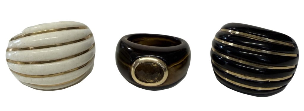 2 MILOR, ITALY RIBBED DOME ONYX & 14KT RINGS & MILOR TIGER EYE & CITRINE RING, RING SIZES 2- 7 3/4 (1 of 7)