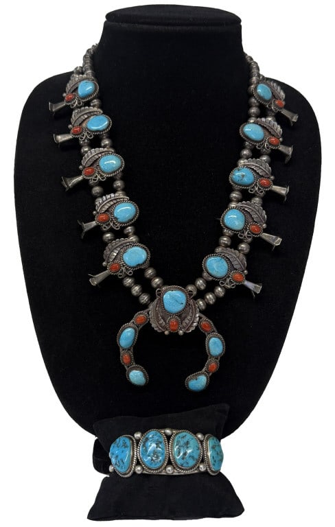 STERLING SILVER TURQUOISE & CORAL SQUASH BLOSSOM NECKLACE & STERL. & TURQUOISE BRACELET APPROX. 6.5 (1 of 10)