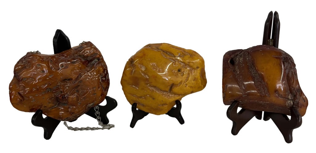 3 LARGE PIECES OF BALTIC AMBER, 7 1/2" X 5 1/2" , 7" X 6" & 6" X 4" (ONE ON CHAIN) (1 of 8)