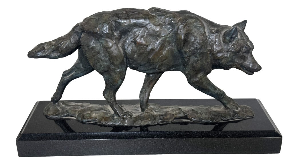 KENNETH RODNEY BUNN, #14/ 50 1995 "TIMBER WOLF" BRONZE SCULPTURE 7" X 13" X 4" OVERALL (1 of 6)