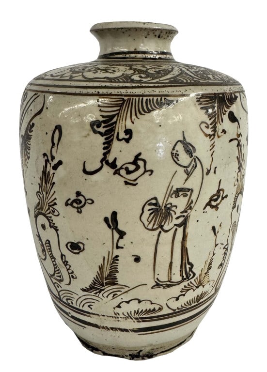 CIZHOU MING DYNASTY JAR BROWN SLIP GLAZED PANELS CONTAINING A STANDING FIGURE 5 7/8" TALL (1 of 6)