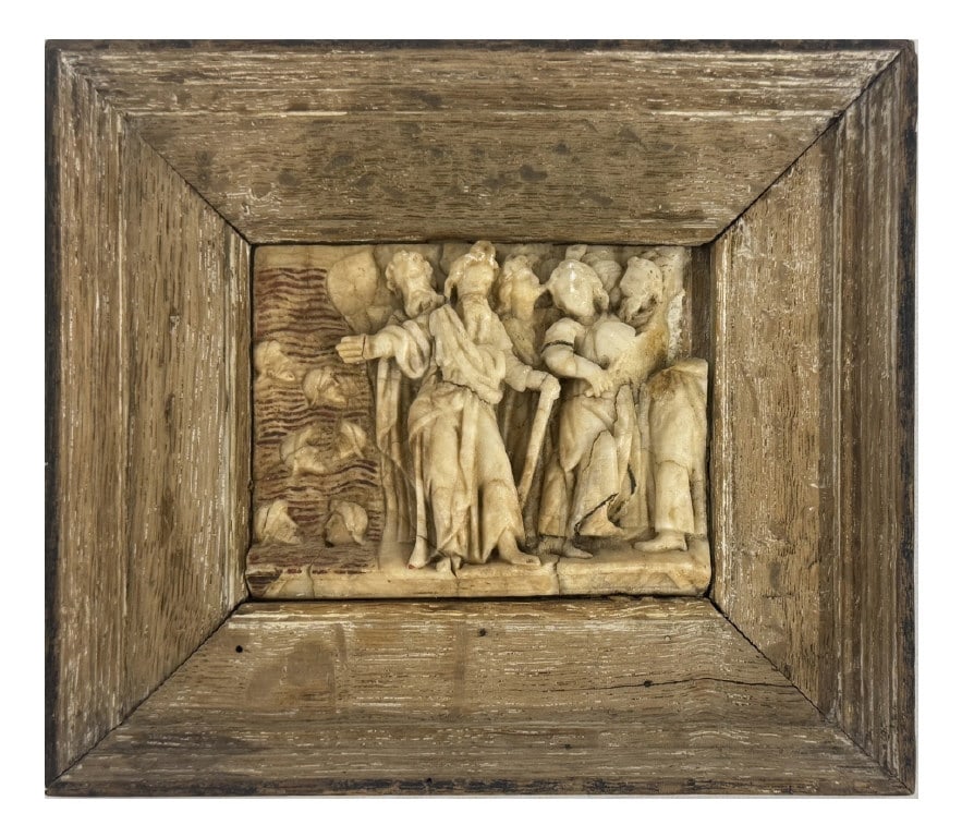 16TH C. DUTCH MECHELEN ALABASTER FRAGMENT LIKELY DEPICTING A BIBLICAL SCENE 3 1/2" X 4 1/4" W/OUT (1 of 3)