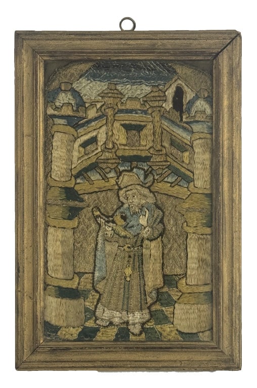15THC. FRENCH NEEDLEWORK PANEL IN LONG STITCH & COLORED SILKS, DEPICTING FIGURE IN ARCHWAY 14 1/2" (1 of 4)