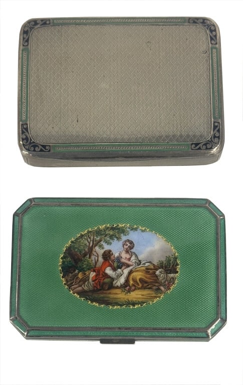 2 SILVER ENAMEL DECORATED HINGED LID BOXES 1 HALLMARKED H & S 935, THE OTHER ENGLISH APPROX. 7.4: 2 SILVER ENAMEL DECORATED HINGED LID BOXES 1 HALLMARKED H & S 935, THE OTHER ENGLISH APPROX. 7.4 TROY