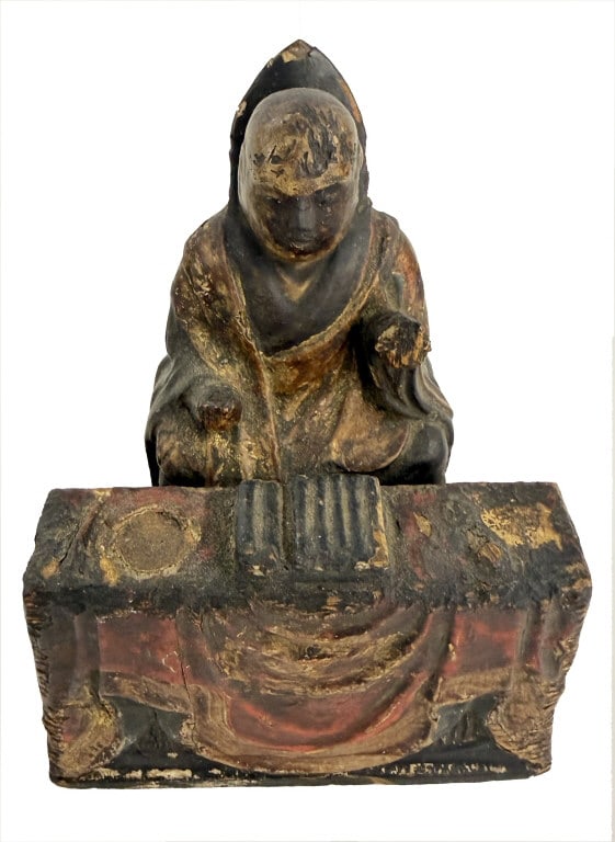 JAPANESE NICHIREN SHONIN BUDDHIST EDO PER. STATUE CARVED WOOD W/ POLYCHROME DESIGN 6" X 4 7/8" X 3 (1 of 8)