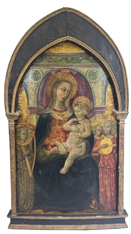 15THC. ITALIAN GOTHIC "MADONNA & CHILD" OIL/PANEL FLANKED BY MINSTRELS 41" X 23" OVERALL: 15THC. ITALIAN GOTHIC "MADONNA & CHILD" OIL/PANEL FLANKED BY MINSTRELS 41" X 23" OVERALL