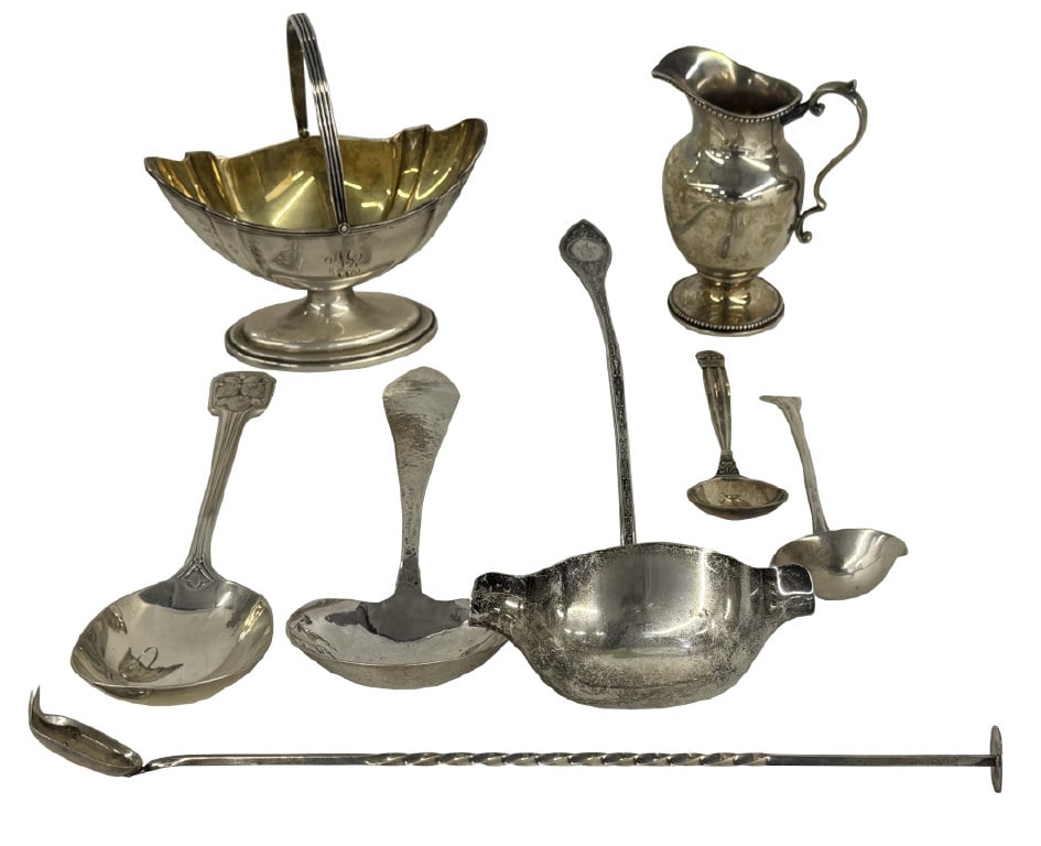 8 PC STERLING SILVER INC. TIFFANY STRAWBERRY SPOON SUGAR BASKET, CREAMPOT, LADLE, HAMMERED SPOON (1 of 13)