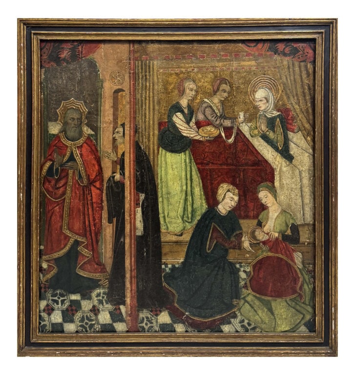 15THC. SPANISH SCHOOL GOTHIC RETABLO PANEL DEPICTING ST ANN AFTER THE BRITH OF MARY TEMPURA ON PANEL (1 of 9)