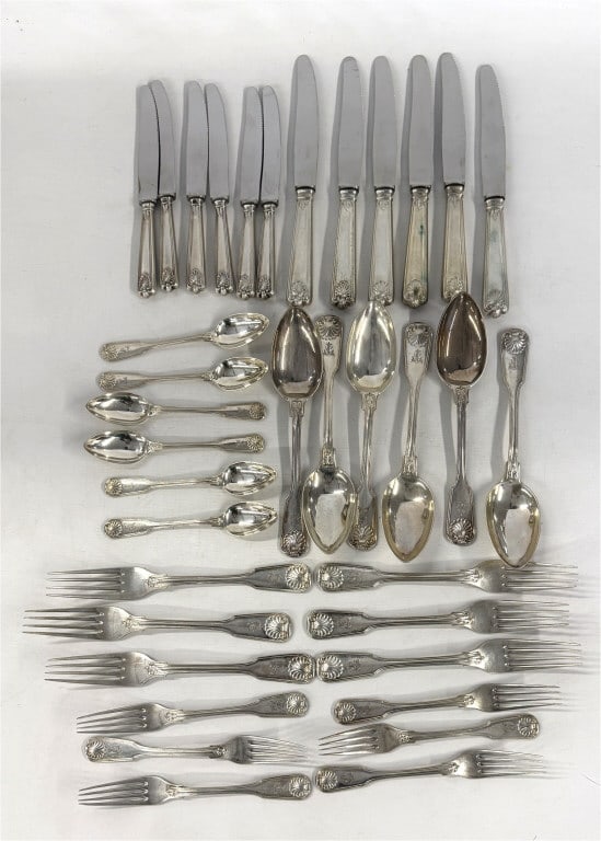 TH. MULLER .750 FINE SILVER FLATWARE, HEAVILY CAS 36 PCS, SERV. FOR 6 APPROX. 54 TROY OZ (1 of 5)