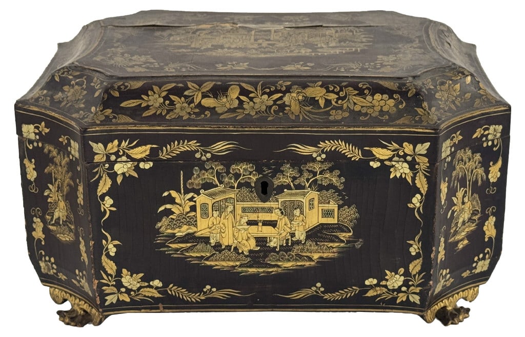 DOUBLE BIN CHINA TRADE TEA CADDY IN LACQUERED BOX 7 1/2" X 13 1/2" X 11" (1 of 9)