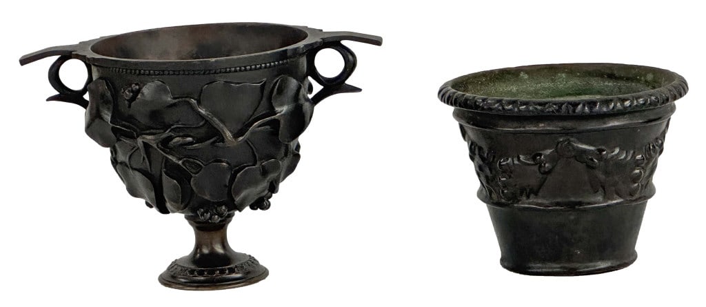 2 BRONZE POTS,1 TIFFANY STUDIOS "FROM THE ANTIQUE" THE OTHER W/ VINE DESIGN, LARGER 4 5/8" X 7": 2 BRONZE POTS,1 TIFFANY STUDIOS "FROM THE ANTIQUE" THE OTHER W/ VINE DESIGN, LARGER 4 5/8" X 7"