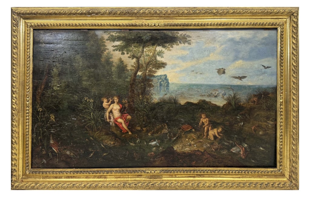 OIL/ PANEL JAN BRUEGEL "ALLEGORY OF WATER & AIR" ON CRADLED PANEL W/ 1941 JOHN HOPKINS UNIVERS. (1 of 9)