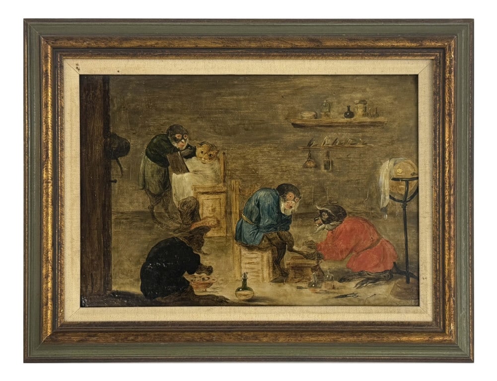 OIL/PANEL FLEMISH SCHOOL CIRCLE OF DAVID TENIERS "MONKEY BARBERSHOP" 9 3/4" X 14" (1 of 3)