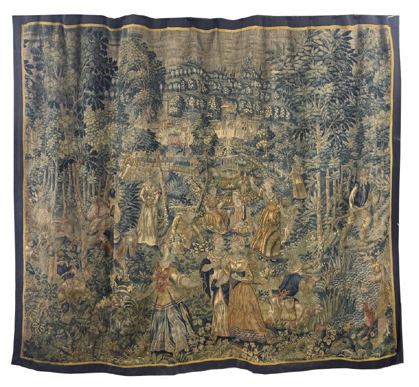 RARE 18THC. FLEMISH GAME PARK TAPESTRY 90" X 120" A LANDSCAPE WITH NOBLE FIGURES, HOUNDS & EXOTIC (1 of 7)
