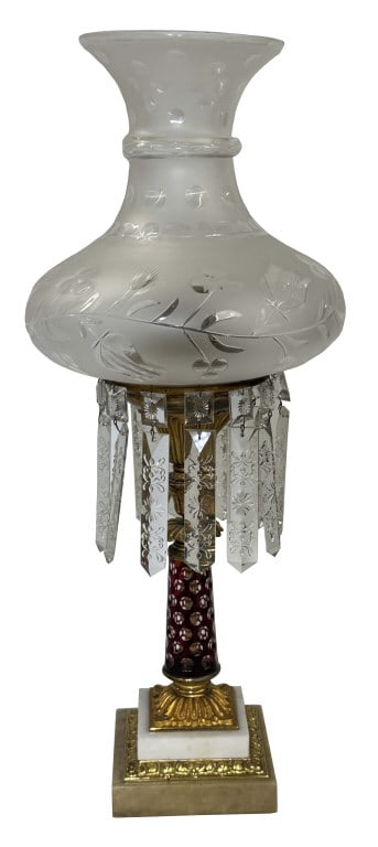 FIRE GILDED ASTRAL LAMP W/ RUBY CUT TO CLEAR STEM PROB. BOSTON W/ SANDWICH SUPPORT, SNOW FLAKE (1 of 3)