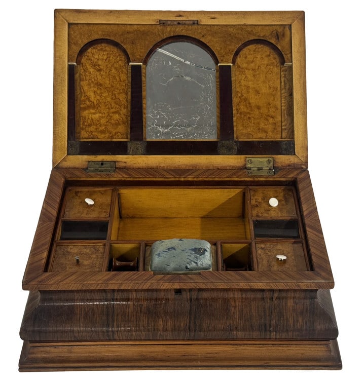 MID 19THC. JEWELRY CASKET / SEWING BOX 6 1/2" X 15 1/2" X 10 1/4": MID 19THC. JEWELRY CASKET / SEWING BOX 6 1/2" X 15 1/2" X 10 1/4"