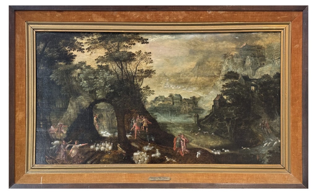 OIL / PANEL HENDRICK VAN CLEVE III, LANDSCAPE WITH FIGURES 18" X 33" (1525 - 1589) (1 of 8)