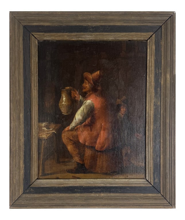 OIL/ PANEL, 17THC. DAVID TENIERS OR FOLLOWER TAVERN SCENE W/ 2 FIGURES PROVENANCE EX W.C. GEORGI (1 of 6)