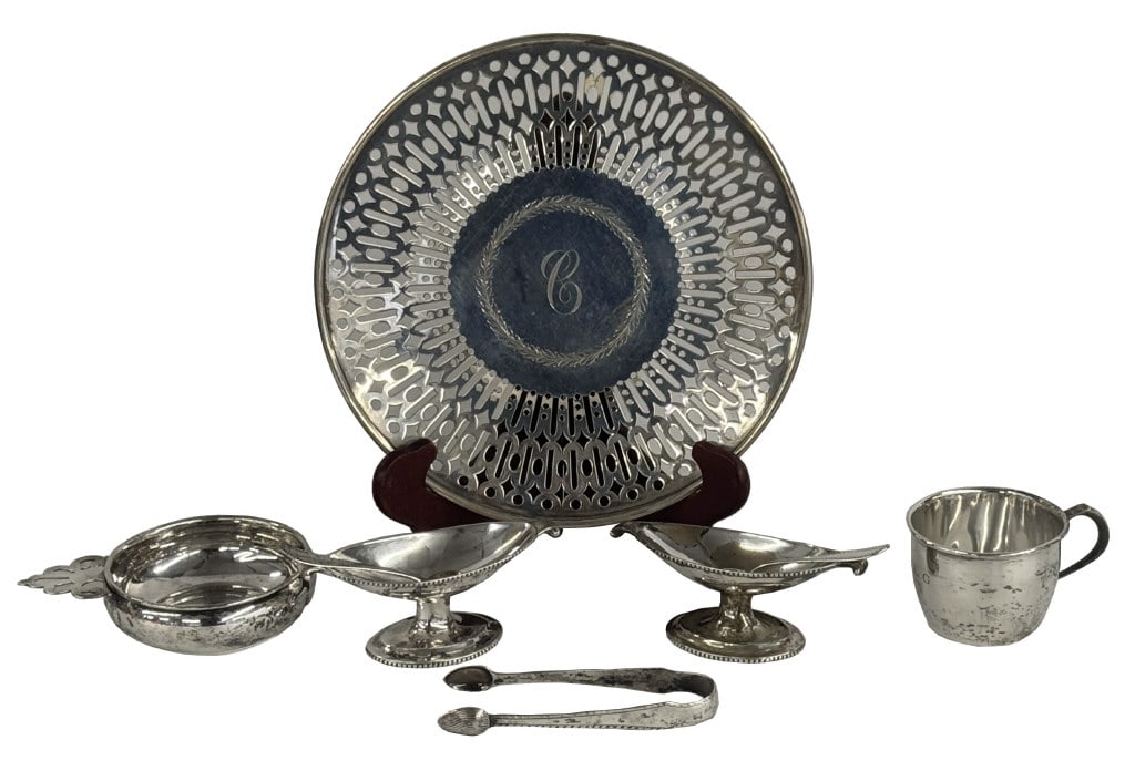 STERLING PIERCE WORK PLATE WITH PORRINGER, CUP, TONGS & A PR OF OPEN SALTS WITH SPOONS APPROX. 20.1 (1 of 11)