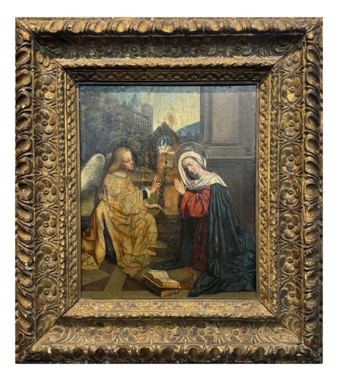 THE ARCH ANGEL GABRIEL PRESENTING VIRGIN MARY A LILY, LOMBARD SCHOOL , OIL / PANEL 16" X 13": THE ARCH ANGEL GABRIEL PRESENTING VIRGIN MARY A LILY, LOMBARD SCHOOL , OIL / PANEL 16" X 13"