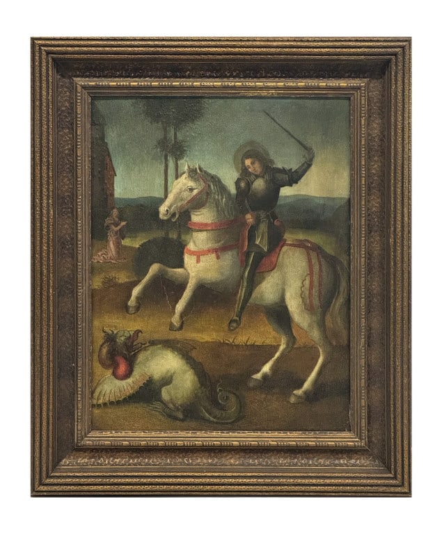 OIL/PANEL 18THC.OLD MASTER, ST GEORGE & THE DRAGON 23" X 18": OIL/PANEL 18THC.OLD MASTER, ST GEORGE & THE DRAGON 23" X 18"