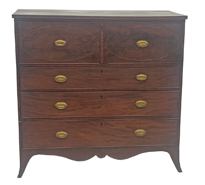 MAHOGANY HEPPLEWHITE INLAID BUTLERS DESK WITH FRENCH FEET ATTRIB. TO MICHAEL ALLISON NYC, C.1815 45" (1 of 7)