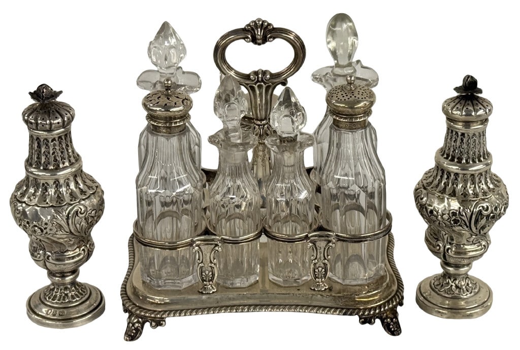 ENGLISH CRUET STAND & SALT & PEPPER POTS, MATCHING BOTTLES, 1 ASSOCIATED STOPPER APPROX. 29 TROY OZ (1 of 7)