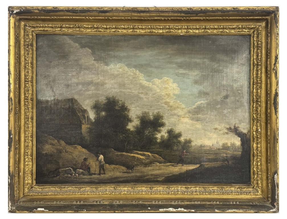 OIL/ CANVAS FOLLOWER OR CIRCLE OF DAVID TENIERS DUTCH LANDSCAPE WITH FIGURES, EX. W.C. GEORGI (1 of 8)