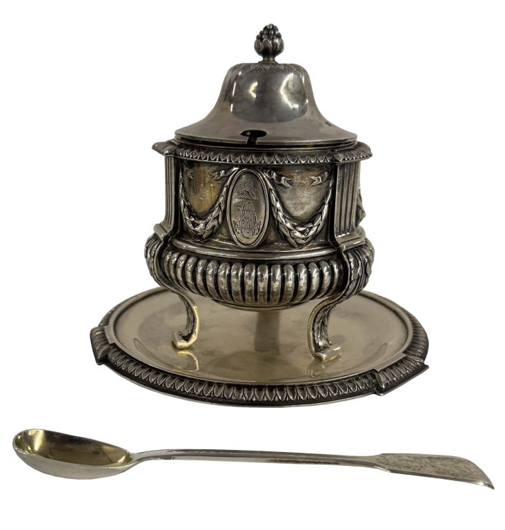 ODIOT PARIS, SILVER HINGED LID POT & SPOON W/ PARIS STANDARD TOUCHMARKS 5 1/2" X 5 3/4" APPROX. 18.5 (1 of 7)