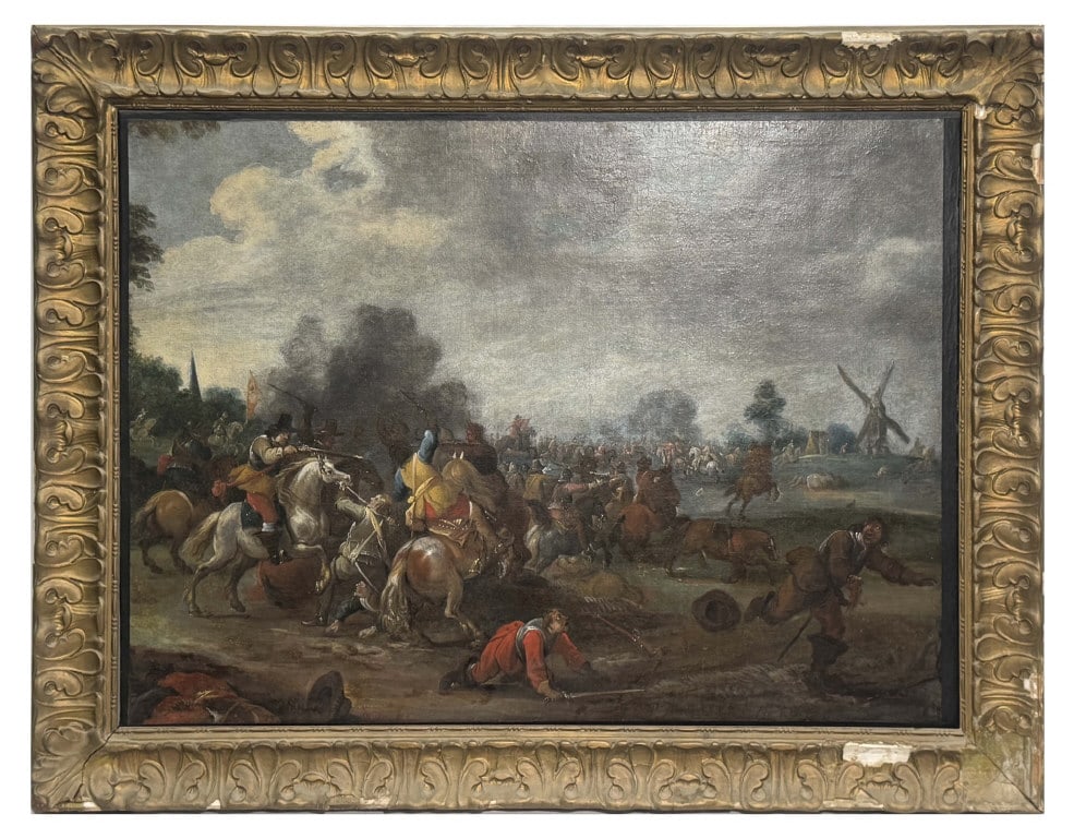 OIL/ CANVAS BATTLE SCENE SGND P. MEULENER, LABEL ON STRETCHER READS (P. MEULENER 1650) EX. W. C. (1 of 5)