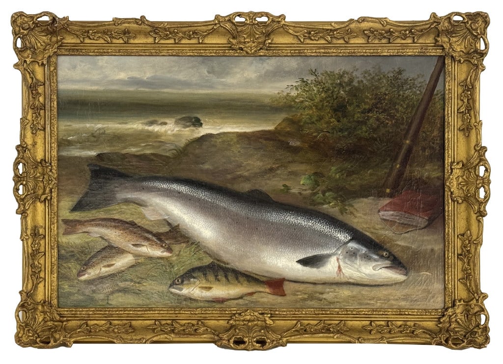 O/C, G. FORSTER, 1885, "FISH ON THE RIVER BANK" PROV. ALEXANDER GALLERY 20" X 29 1/2" (1 of 9)