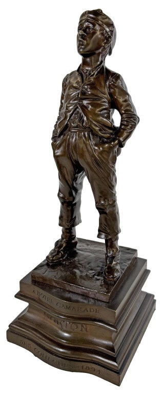 BRONZE "WHISTLER BOY" MARKED A NOTRE CAMARADE CARTON, SES COLLEGUES 1894, AFTER H. HERTZBERG, 17" (1 of 11)