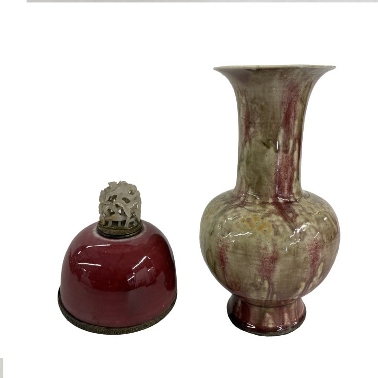 EARLY CHINESE FLAMBE PEACH BLOOM VASE, 11 1/2" REPAIRED & SANG DE BOEUF INKWELL, DRILLED (1 of 11)